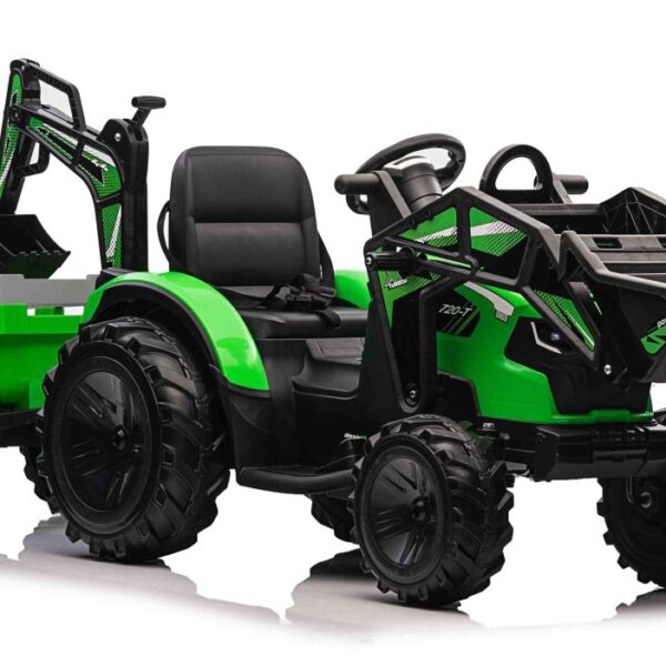 Laste elektriline traktor haagise ja kopaga, roheline